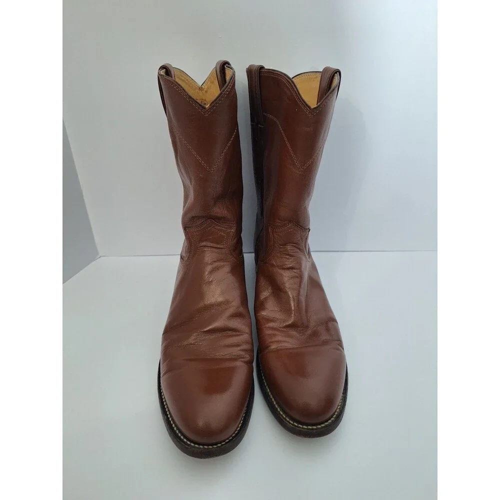 Vintage Justin Boots Men's 10.5 A Brown Leather Roper Western Cowboy Made In USA
